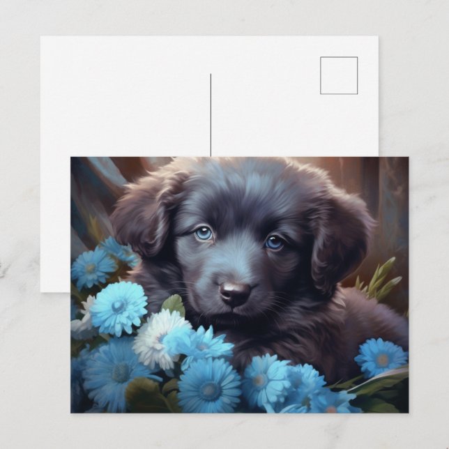 Carte Postale Chien Fleur Bleu Vykort (Fram/baksida)