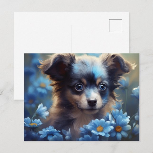 Carte Postale Chien Fleur Bleu Vykort (Fram/baksida)
