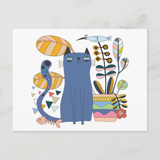 Carte postale ’Cute cat and bird’ Semi brillant Vykort (Framsida)