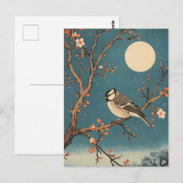 Carte Postale Moonlit Bird on Blossom Branch Vykort