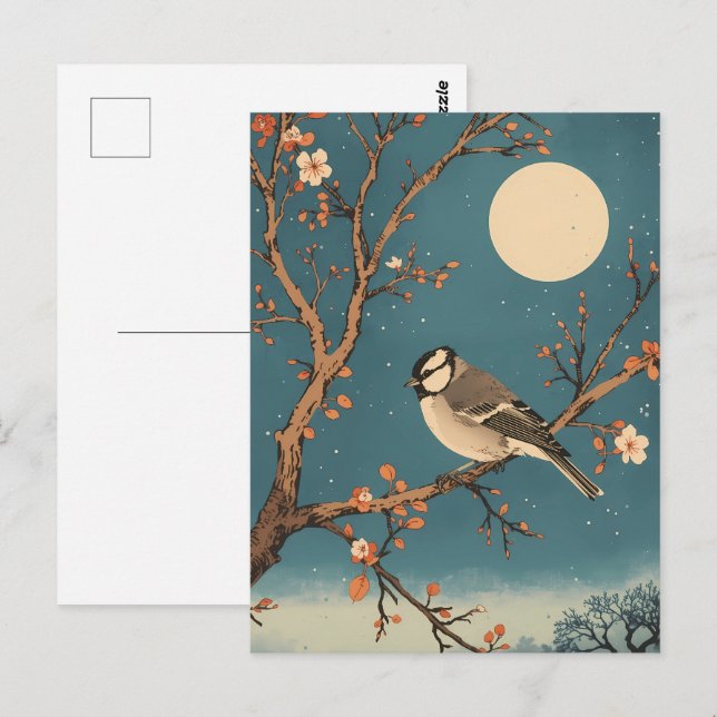 Carte Postale Moonlit Bird on Blossom Branch Vykort (Fram/baksida)