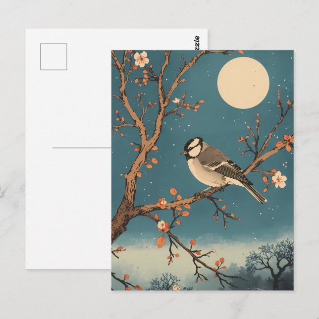 Carte Postale Moonlit Bird on Blossom Branch Vykort (Fram/baksida)