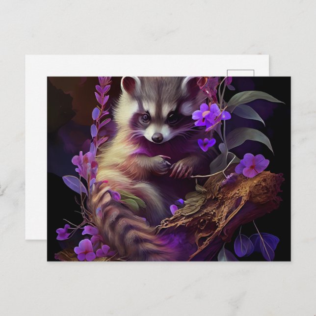 Cartes Postales Raccoon Mauve Vykort (Fram/baksida)