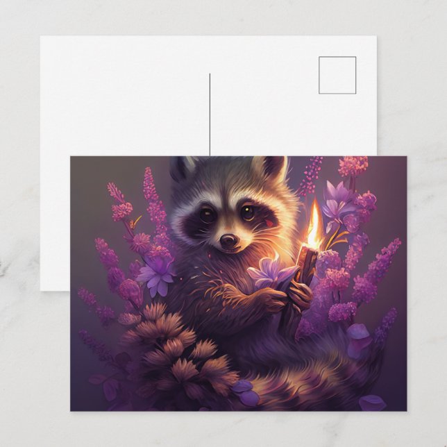 Cartes Postales Raccoon Mauve Vykort (Fram/baksida)