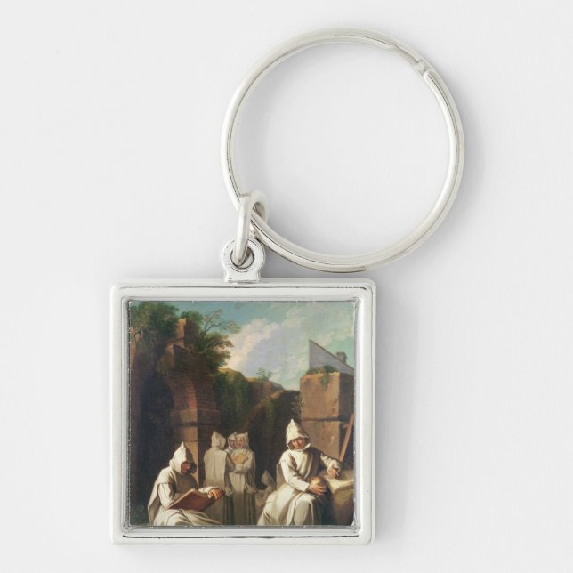 Carthusian munkar i meditation fyrkantig silverfärgad nyckelring (Framsidan)