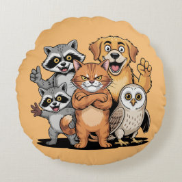 Cartoon Animal Friends Team Illustration Rund Kudde