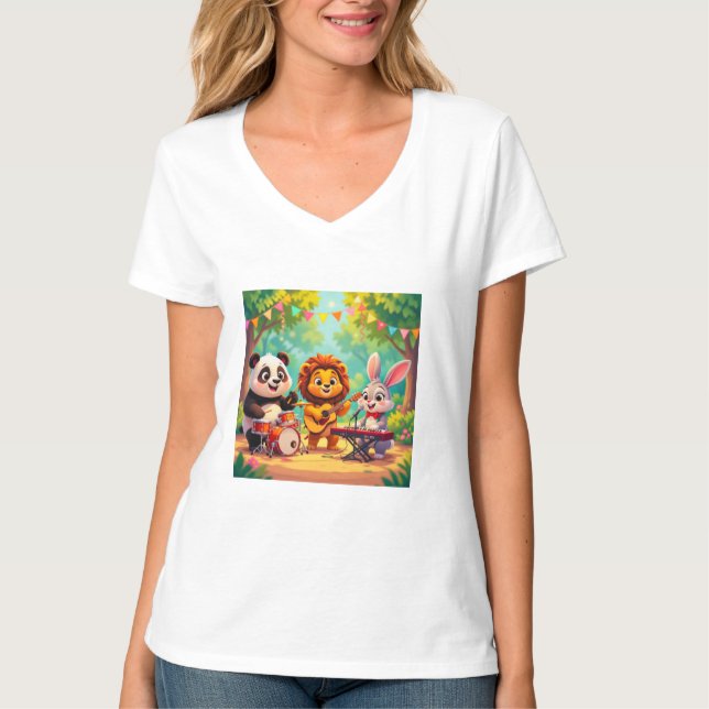 🎵 Cartoon Animal Music Party – Fun & Cute Musical T Shirt (Framsida)