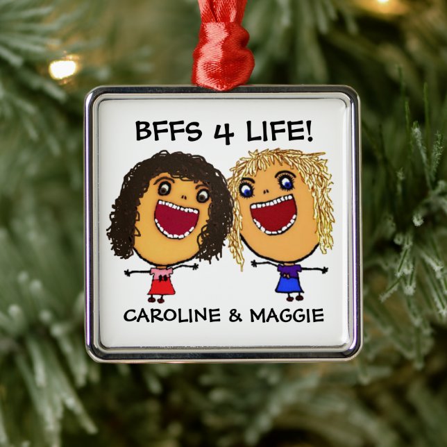 Cartoon Best Friend BFFs Blonde and Brunette Julgransprydnad Metall (Träd)