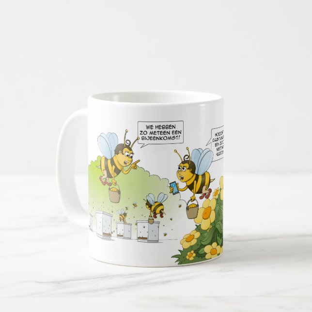 Cartoon; bijeenkomst en zoom meeting.  kaffemugg (Framsida vänster)