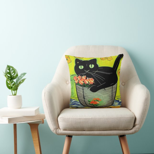 Cartoon Black Cat in Pot Kudde (Stol)