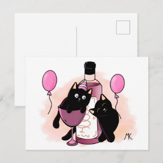 Cartoon black Cats party with Balloons and Wine Helg Vykort