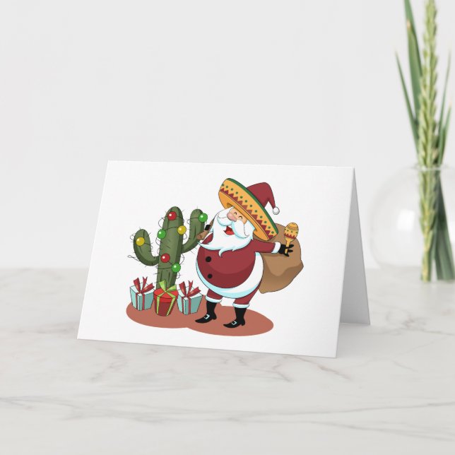 Cartoon cactus and Santa Claus wearing a sombrero Kort (Framsida)