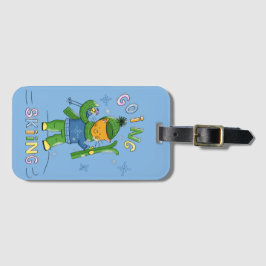 Cartoon Cat Going Skiing Kid Blue Luggage Tag Bagagebricka
