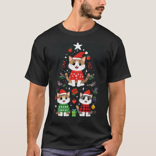 Cartoon Cats Christmas Tree T Shirt (Framsida)