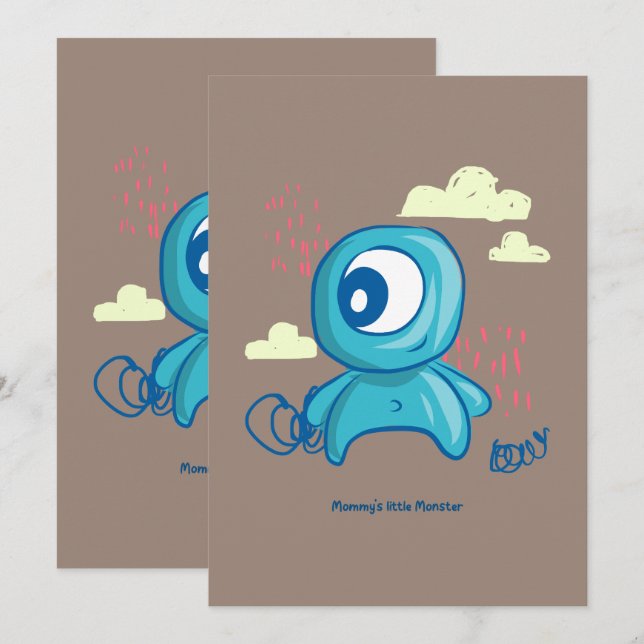 Cartoon Character Hand Drawn Blue Monster Art Inbjudningar (Fram/baksida)