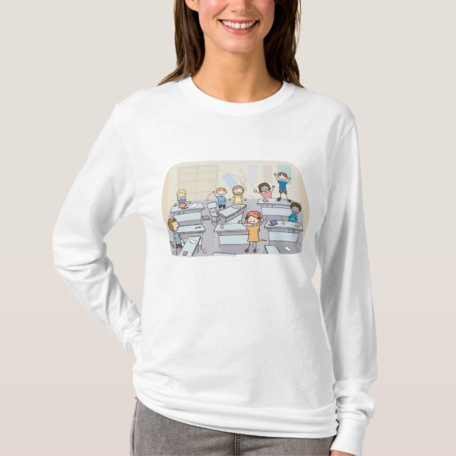 Cartoon Classroom Chaos With Wild Students T Shirt (Framsida)