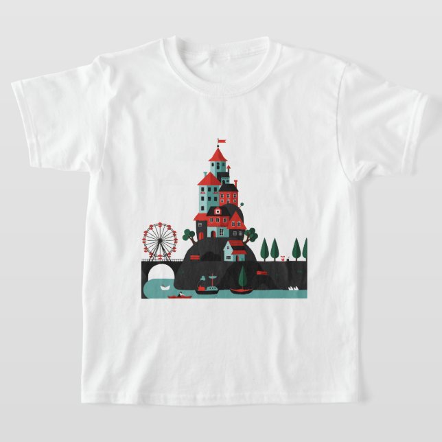 Cartoon coastal town t shirt (Laydown)