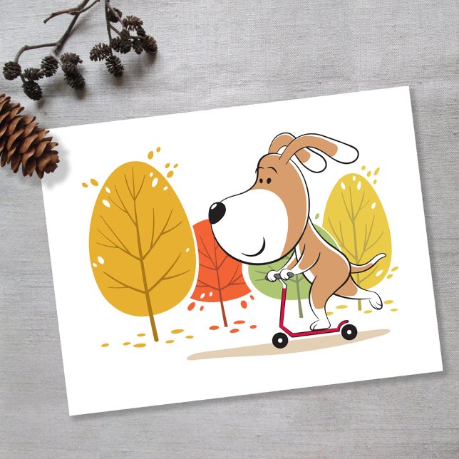 Cartoon Cute Funny Dog Puppy Kick Scooter Vykort (Skapare uppladdad)