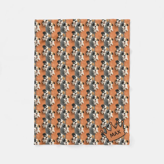 Cartoon Dog Pattern on Orange – Customizable  Fleecefilt (Framsidan)