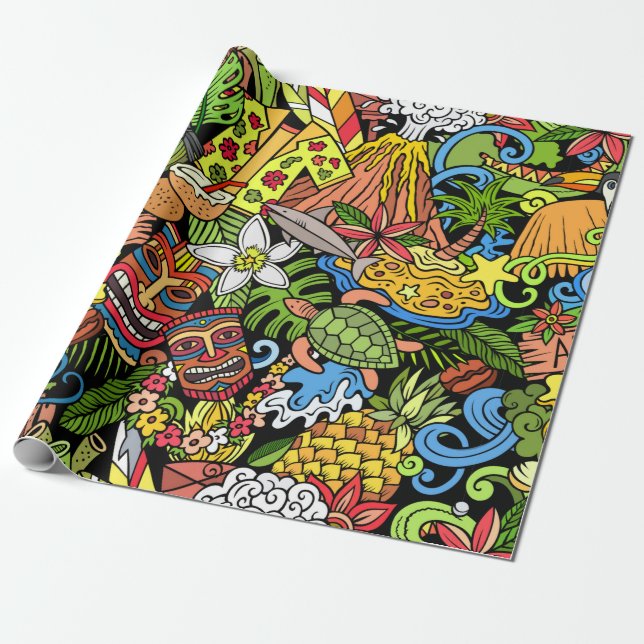 Cartoon doodles Hawaii seamless pattern. Backdrop  Presentpapper (Utrullad)