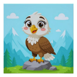 Cartoon Eagle on Rock – Cute Vector Character Perfect Poster