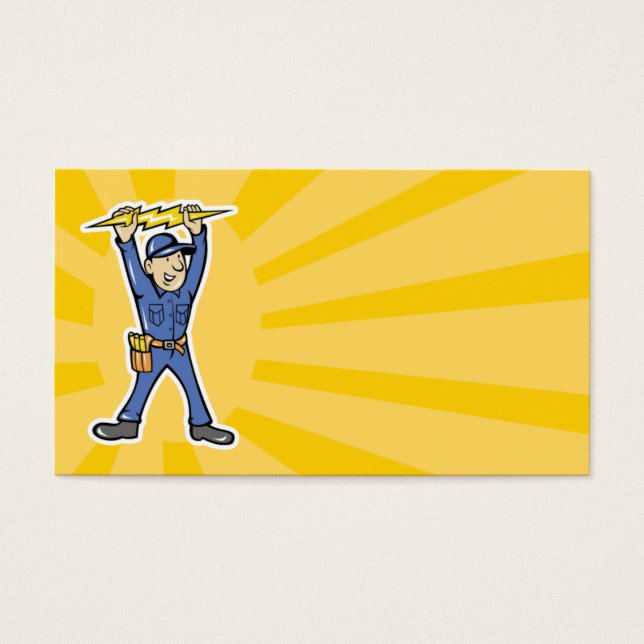 Cartoon Electrician som håller i elblixten Visitkort (Framsidan)
