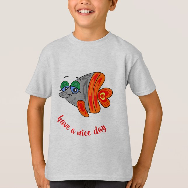 cartoon fish friendly orange grey button t shirt (Framsida)