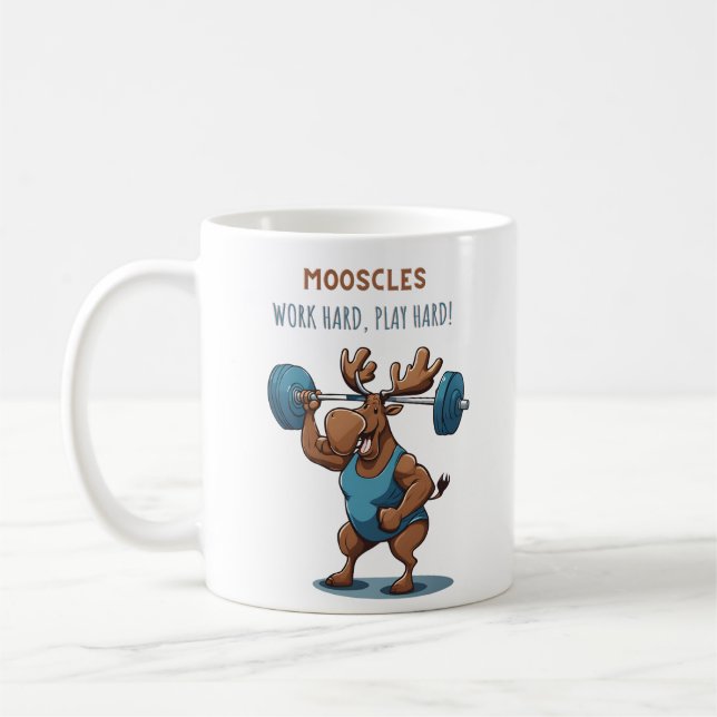 Cartoon fitness moose training with weights kaffemugg (Vänster)