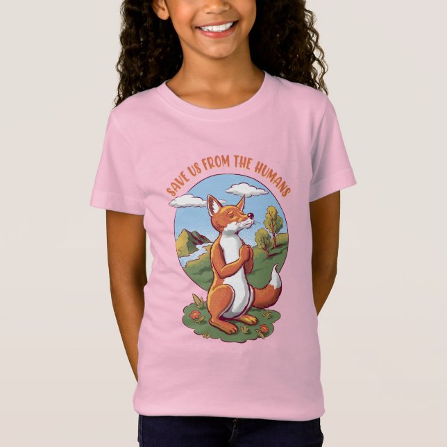 Cartoon Fox Prayer – Save Nature Message T Shirt (Framsida)