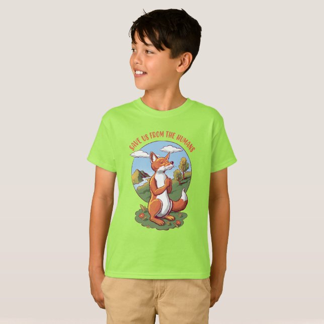 Cartoon Fox Prayer – Save Nature Message T Shirt (Hel framsida)