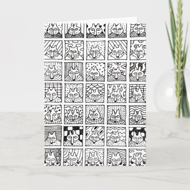 Cartoon Foxes Faces Squares Drawing Card Kort (Framsida)