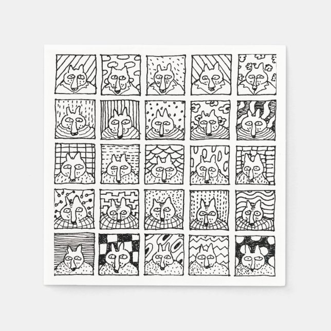 Cartoon Foxes Faces Squares Drawing Pappersservett (Framsidan)