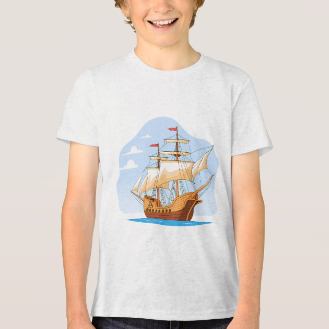 Cartoon Galleon Sailing on Blue Water T Shirt (Framsida)