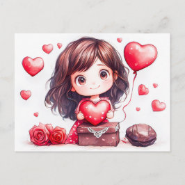 Cartoon Girl Holding Heart Romantic Valentine’s Da Vykort