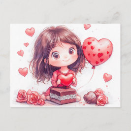 Cartoon Girl Surrounded by Roses Romantic Valentin Vykort