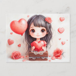 Cartoon Girl with Roses and Hearts Sweet Valentine Vykort