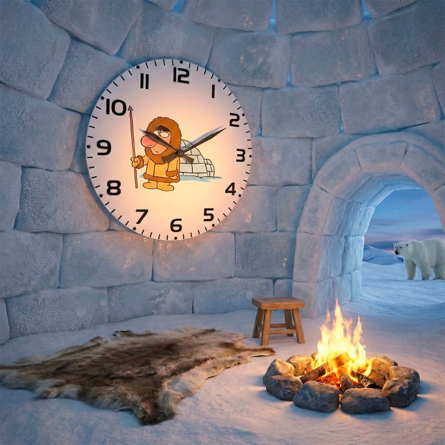 Cartoon Inuit Eskimo with Spear and Igloo Stor Klocka (Skapare uppladdad)