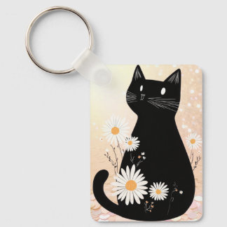 Cartoon Kitty with the Daisies Keychain Nyckelring
