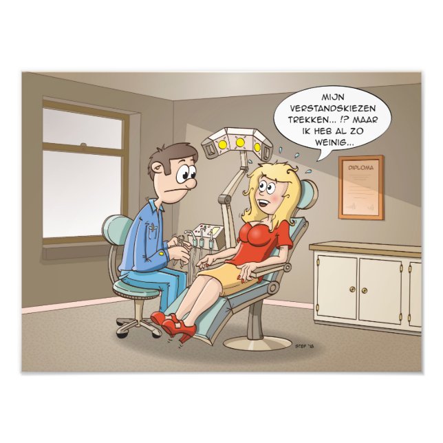 Cartoon; komt een blondje bij de tandarts fototryck (Framsidan)