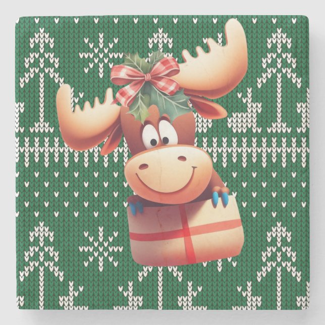 Cartoon Moose on Green  Knitted Pattern Stenunderlägg (Framsidan)