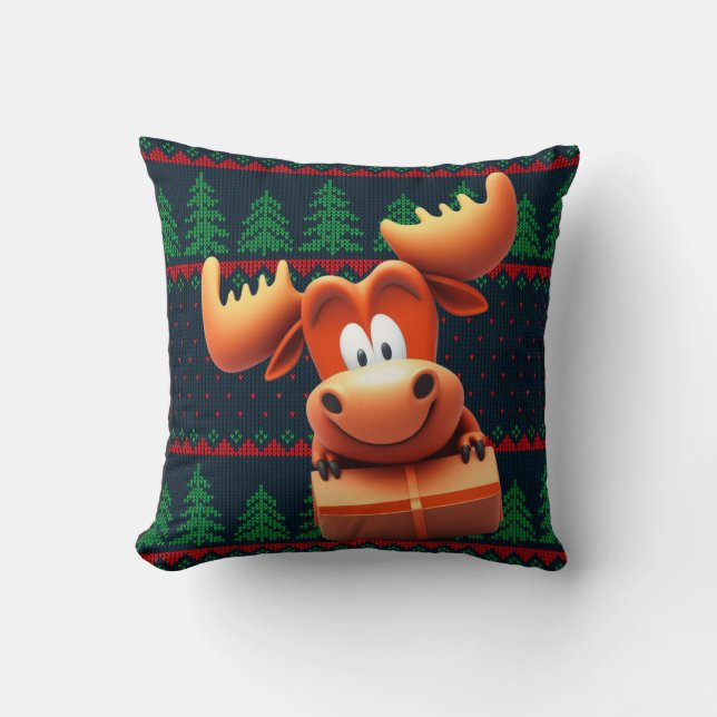Cartoon Moose with Christmas Gift Tshirt Women Kudde (Framsida)