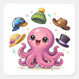 Cartoon octopus juggling hats Sticker Fyrkantigt Klistermärke
