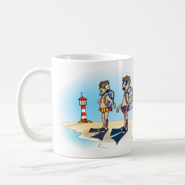 Cartoon; Op duikvakantie gaan. kaart Kaffemugg (Vänster)