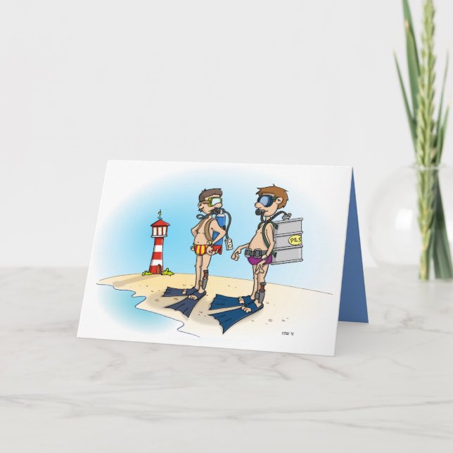 Cartoon; Op duikvakantie gaan. kaart Tack Kort (Framsida)
