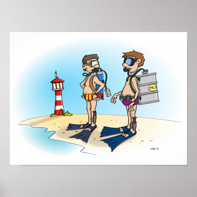 Cartoon; op duikvakantie gaan.  poster (Framsidan)