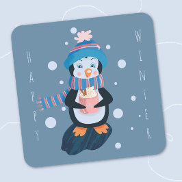 Cartoon Penguin with Hot Cocoa Blue Sticker Fyrkantigt Klistermärke