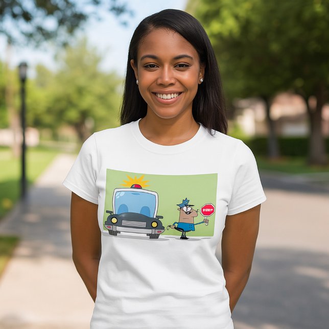 Cartoon Police Officer Holding Stop Sign T Shirt (Skapare uppladdad)