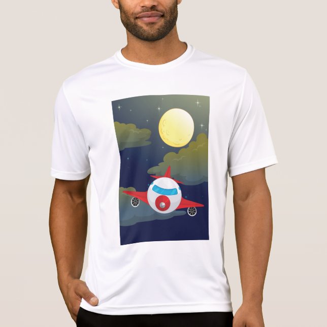 Cartoon Red Airplane Flying In Night Sky T Shirt (Framsida)