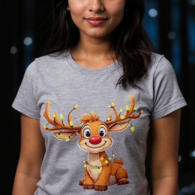Cartoon reindeer with red nose and lights t shirt (Skapare uppladdad)