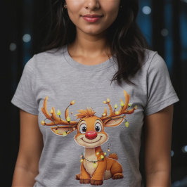 Cartoon reindeer with red nose and lights t shirt
